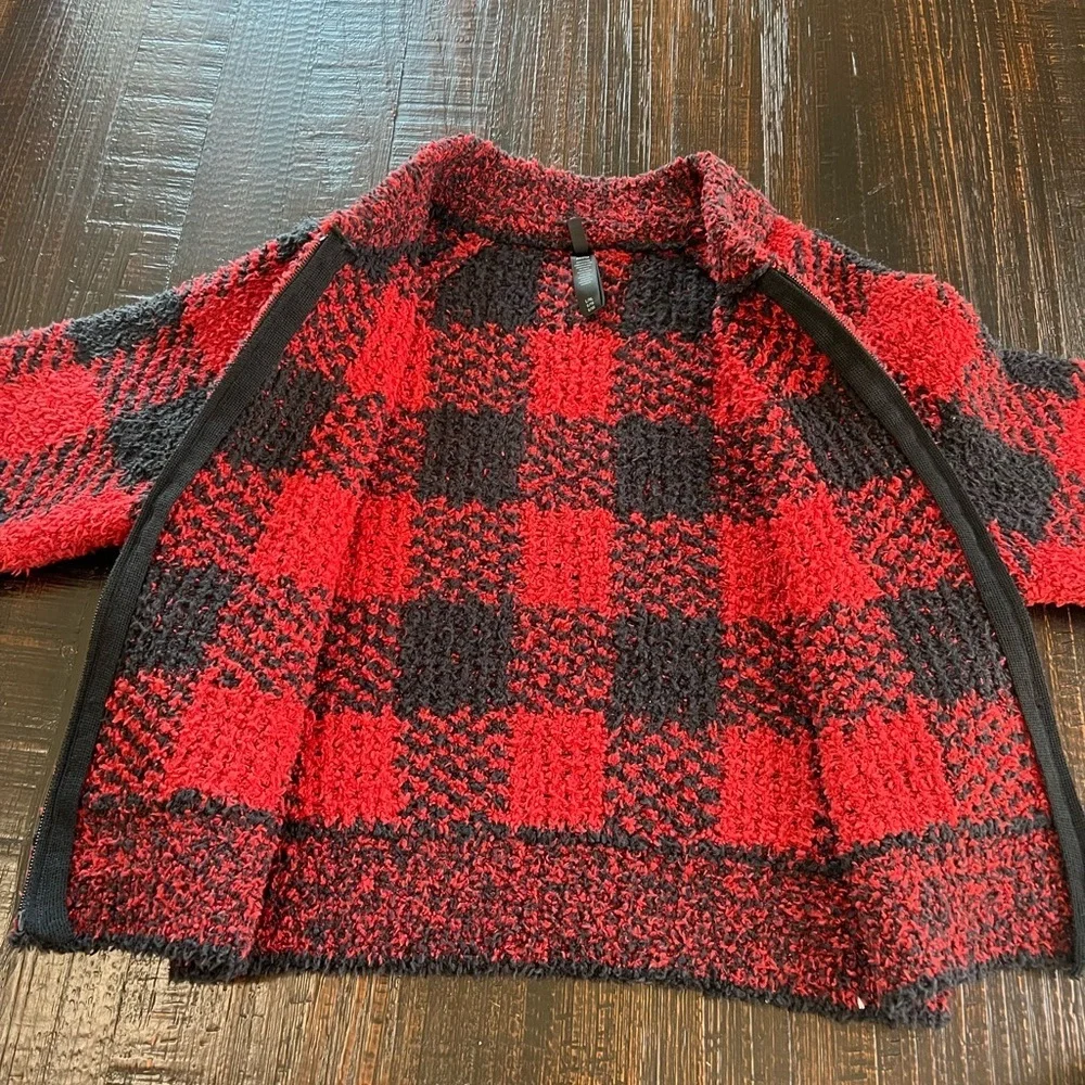 SKIMS Cozy Knit Sweater Red Black Full Zip Brick Buffalo Check Plaid L/XL